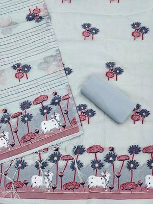 Grey muga cotton jamdani pichwai dress material with dupatta 2