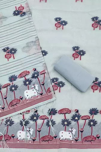 grey muga cotton jamdani pichwai dress material with dupatta