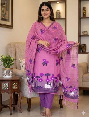 Pink muga cotton jamdani pichwai dress material with dupatta 1