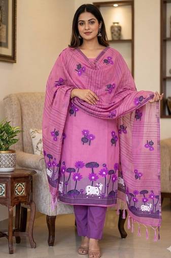 Pink muga cotton jamdani pichwai dress material with dupatta