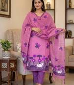 Pink muga cotton jamdani pichwai dress material with dupatta