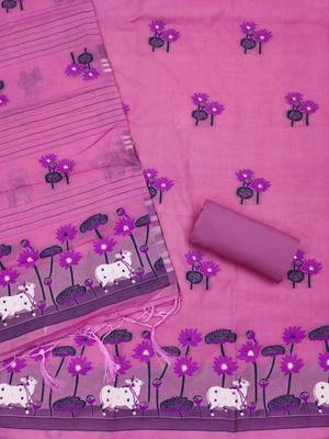 Pink muga cotton jamdani pichwai dress material with dupatta 2