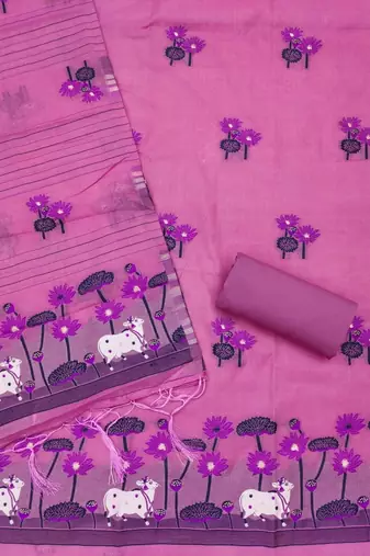 pink muga cotton jamdani pichwai dress material with dupatta