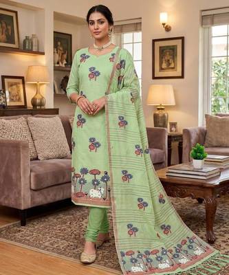 Green muga cotton jamdani pichwai dress material with dupatta 1