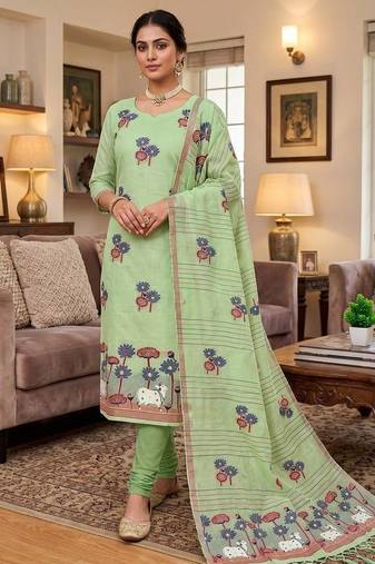Green muga cotton jamdani pichwai dress material with dupatta