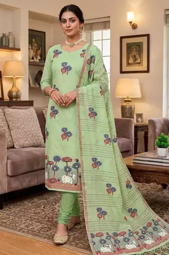 green muga cotton jamdani pichwai dress material with dupatta