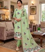 Green muga cotton jamdani pichwai dress material with dupatta