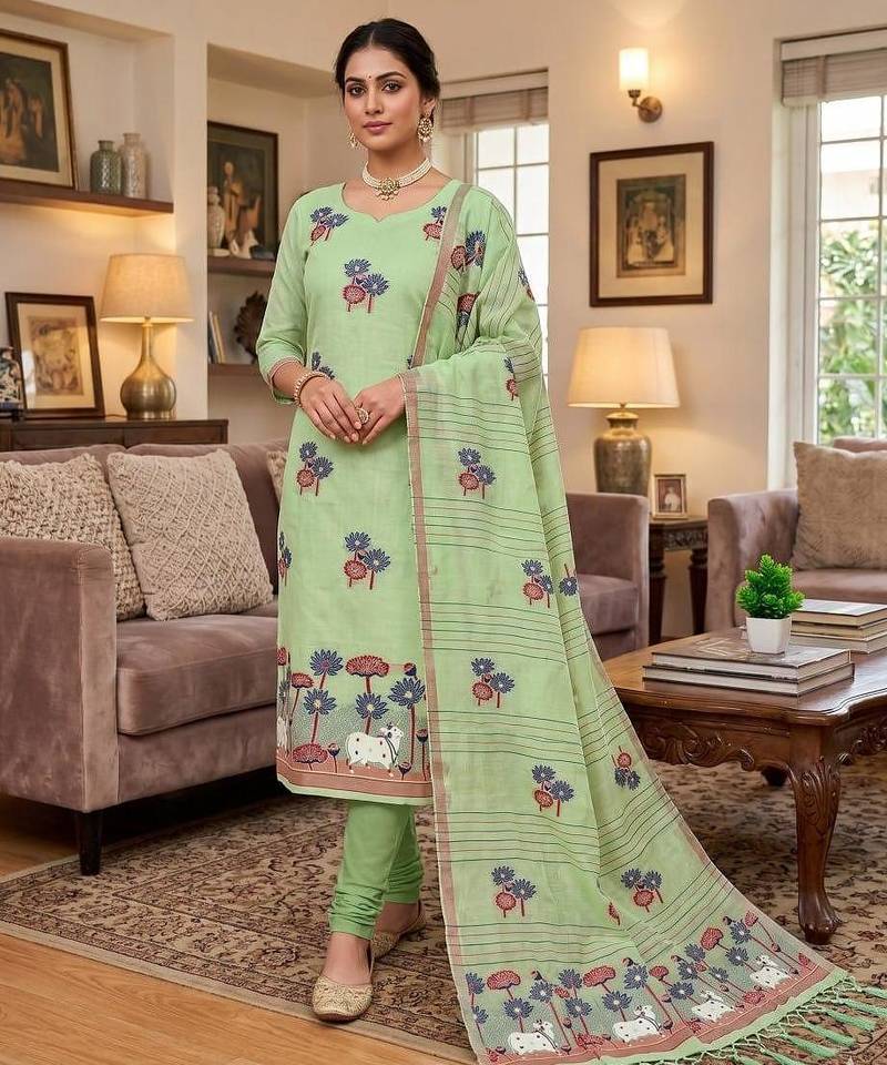 Green muga cotton jamdani pichwai dress material with dupatta