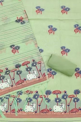 green muga cotton jamdani pichwai dress material with dupatta