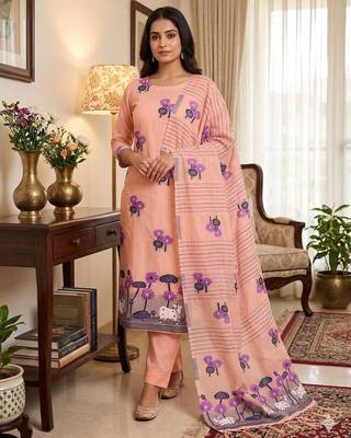 Peach muga cotton jamdani pichwai dress material with dupatta 1