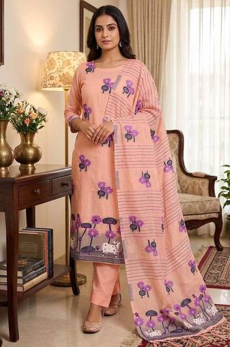 peach muga cotton jamdani pichwai dress material with dupatta