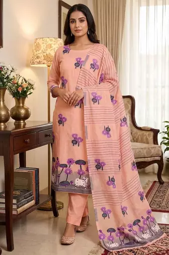 peach muga cotton jamdani pichwai dress material with dupatta