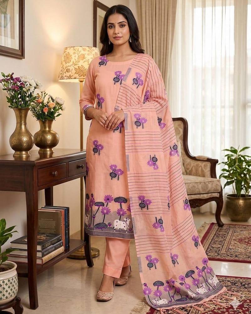 Peach muga cotton jamdani pichwai dress material with dupatta