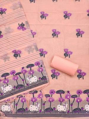 Peach muga cotton jamdani pichwai dress material with dupatta 2