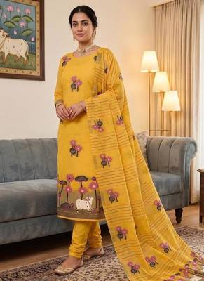 Yellow muga cotton jamdani pichwai dress material with dupatta 1