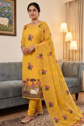 Yellow muga cotton jamdani pichwai dress material with dupatta