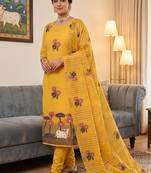 Yellow muga cotton jamdani pichwai dress material with dupatta