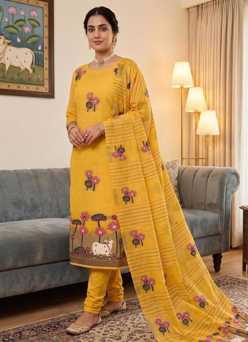 Yellow muga cotton jamdani pichwai dress material with dupatta