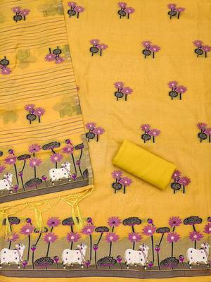 Yellow muga cotton jamdani pichwai dress material with dupatta 2