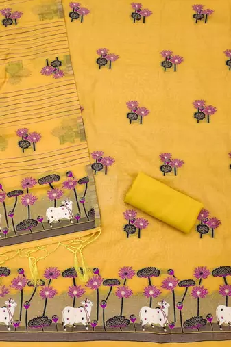 Yellow muga cotton jamdani pichwai dress material with dupatta