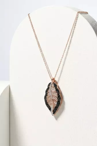 925 Sterling Silver Rose Gold & Black Leaf Pendant Necklace Set  for Women