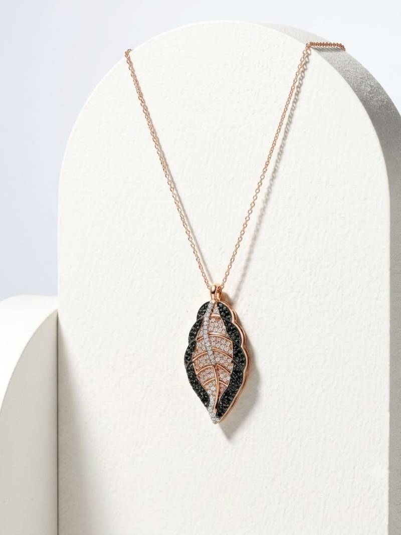 925 Sterling Silver Rose Gold & Black Leaf Pendant Necklace Set  for Women