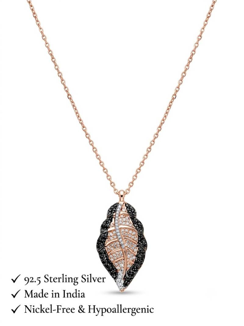 925 Sterling Silver Rose Gold & Black Leaf Pendant Necklace Set  for Women