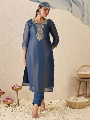 Ethnic Motifs Embroidered Thread Work Liva Straight Kurta With Trousers & Dupatta 5