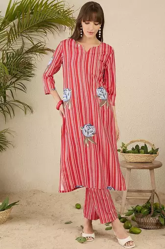 Women Solid V-Neck Regular Kurta with Trousers