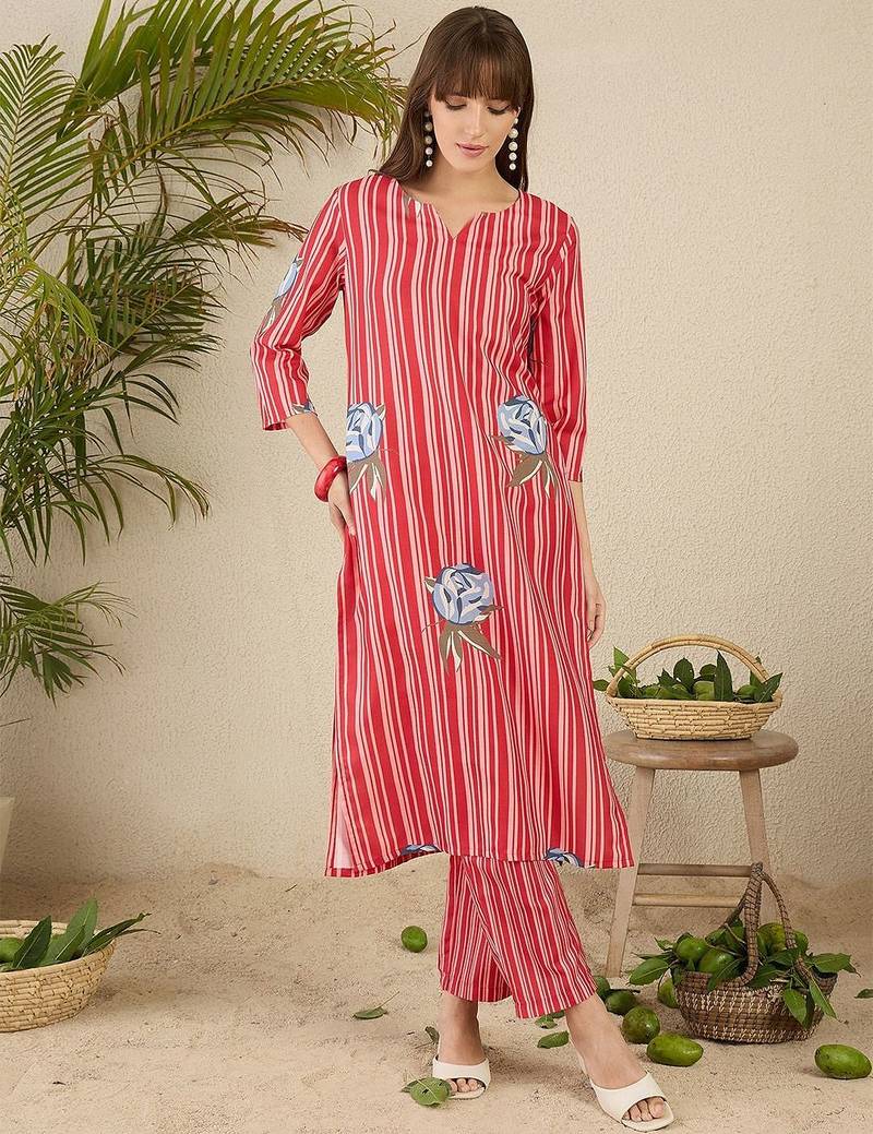 Women Solid V-Neck Regular Kurta with Trousers