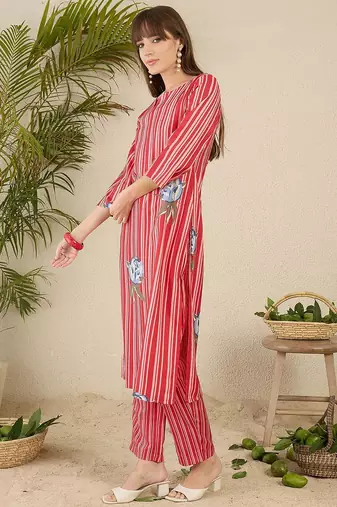 Women Solid V-Neck Regular Kurta with Trousers