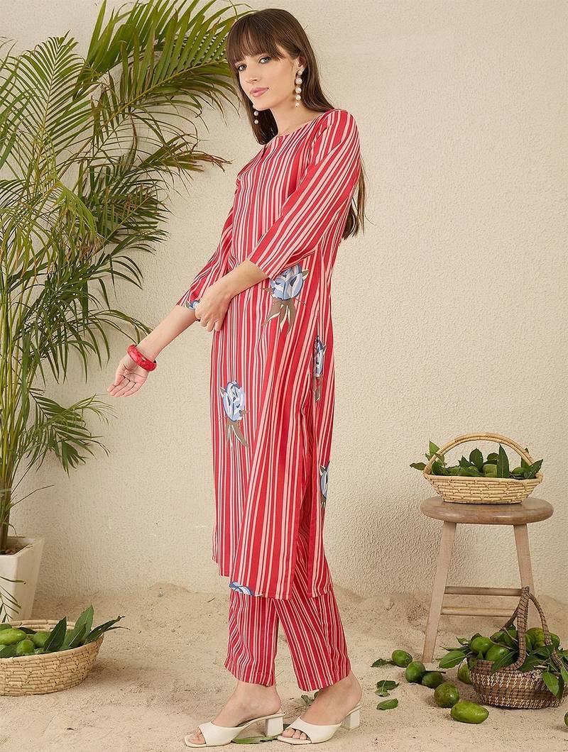 Women Solid V-Neck Regular Kurta with Trousers