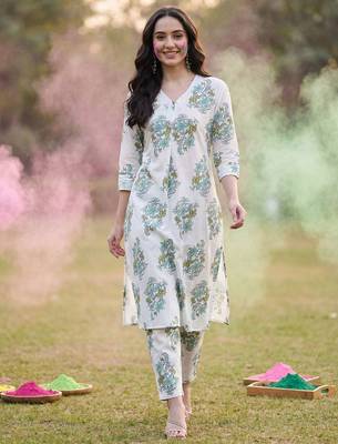 Floral Printed V Neck A Line Pleated Pure Cotton Kurta With Trousers 1