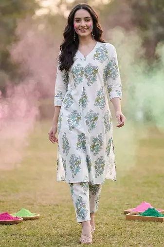 Floral Printed V Neck A Line Pleated Pure Cotton Kurta With Trousers