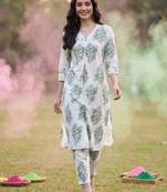 Floral Printed V Neck A Line Pleated Pure Cotton Kurta With Trousers