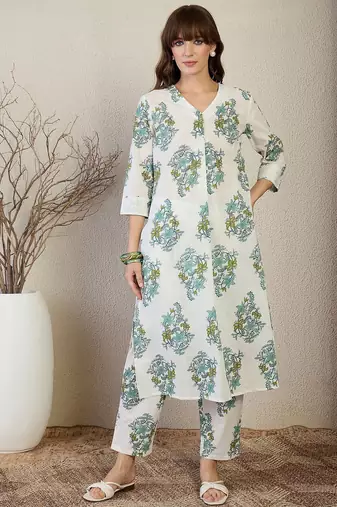 Floral Printed V Neck A Line Pleated Pure Cotton Kurta With Trousers