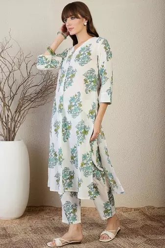 Floral Printed V Neck A Line Pleated Pure Cotton Kurta With Trousers