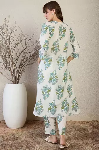 Floral Printed V Neck A Line Pleated Pure Cotton Kurta With Trousers