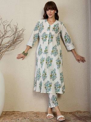 Floral Printed V Neck A Line Pleated Pure Cotton Kurta With Trousers 6