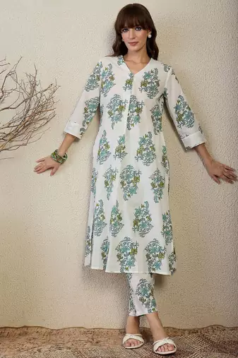 Floral Printed V Neck A Line Pleated Pure Cotton Kurta With Trousers