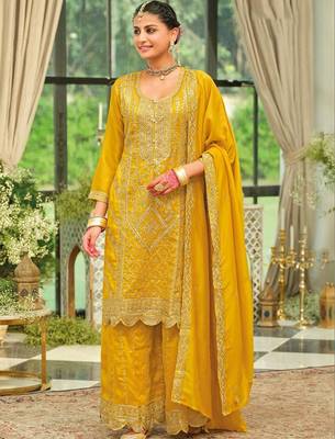 Women Ethnic Motifs Embroidered Regular Sequinned Kurta with Palazzos & With Dupatta 1
