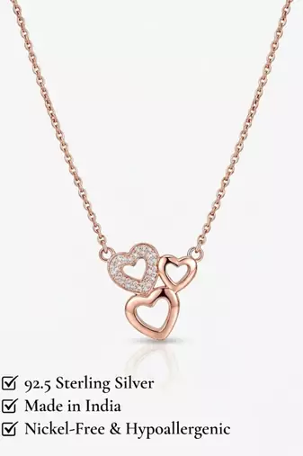 925 Sterling Silver Rose Gold  Triple Heart Pendant Necklace Set  for Women