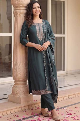 Women Ethnic Motifs Embroidered Regular Thread Work Kurta with Trousers & With Dupatta