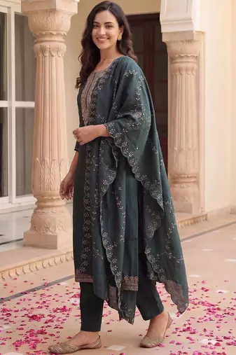 Women Ethnic Motifs Embroidered Regular Thread Work Kurta with Trousers & With Dupatta