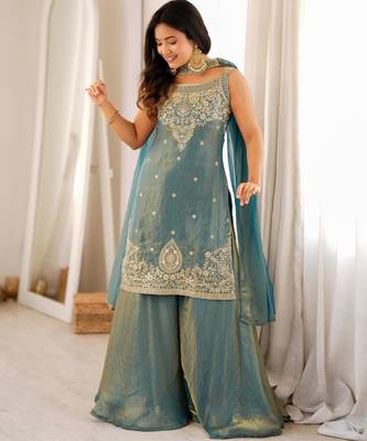 Women's Gorgeous Embroidery Fendy Silk Fabric Straight Kurta Sharara and Dupatta Set 1