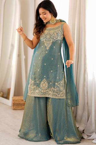 Women's Gorgeous Embroidery Fendy Silk Fabric Straight Kurta Sharara and Dupatta Set
