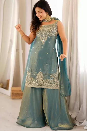 Women's Gorgeous Embroidery Fendy Silk Fabric Straight Kurta Sharara and Dupatta Set