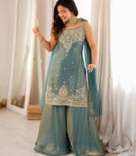 Women's Gorgeous Embroidery Fendy Silk Fabric Straight Kurta Sharara and Dupatta Set