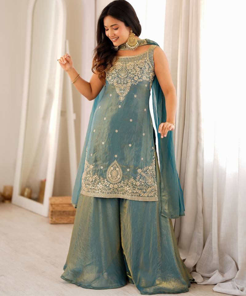 Women's Gorgeous Embroidery Fendy Silk Fabric Straight Kurta Sharara and Dupatta Set