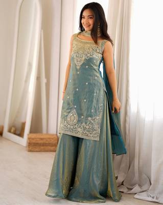 Women's Gorgeous Embroidery Fendy Silk Fabric Straight Kurta Sharara and Dupatta Set 3
